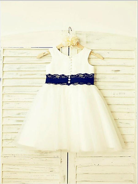 Lace Tulle Princess Scoop Sleeveless Flower Girl Dresses Tea Length Dress