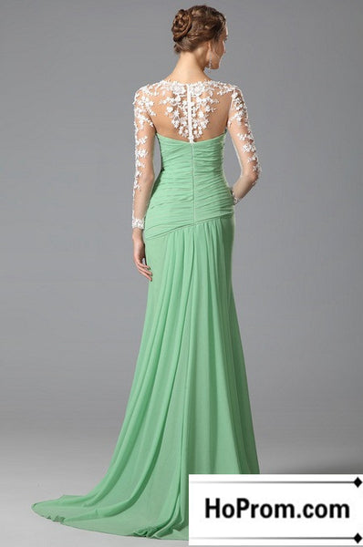 Long Sleeve Lace Chiffon Green Prom Dress Evening Dresses