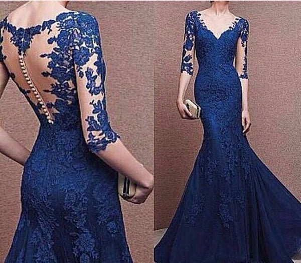 Lace Blue Prom Dresses,Long Sleeve Prom Dresses,Evening Dress