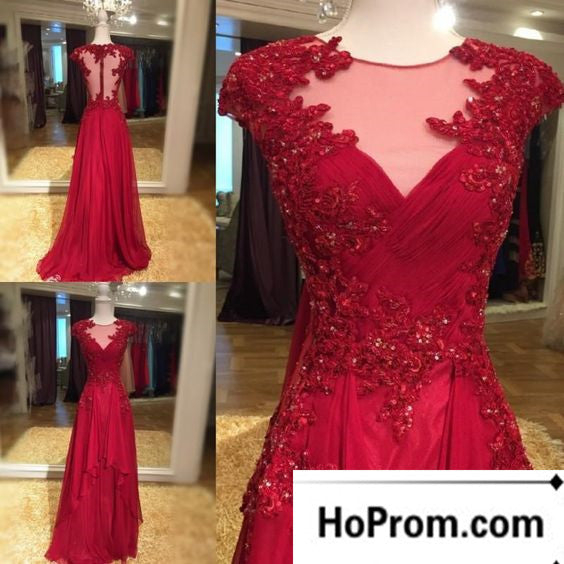 Cap Sleeve A-Line Applique Prom Dresses Evening Dress