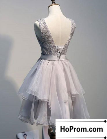 Short Tulle Grey Sleeveless Prom Dress Evening Dresses