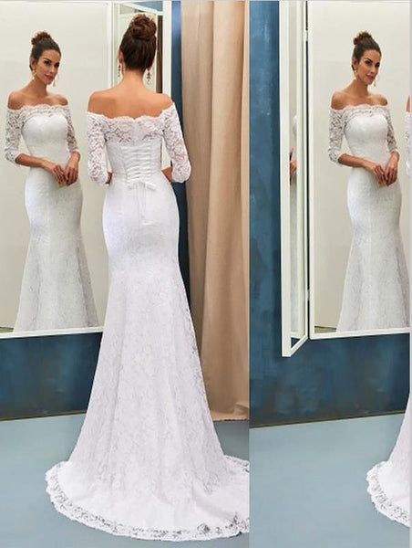 Mermaid Lace Off Shoulder Wedding Dresses,Brush Train Long Sleeves Wedding Dresses