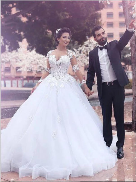 Tulle Long Sleeves Sweetheart Wedding Dresses Court Train Ball Gown