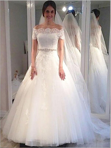 Tulle Off Shoulder Wedding Dresses Short Sleeves Train Ball Gown