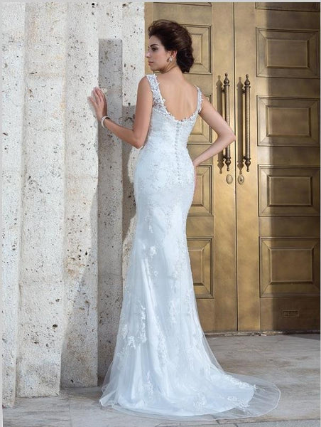 Sheath Long Net V-neck Applique Sleeveless Wedding Dresses