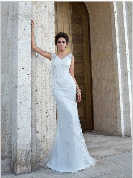 Sheath Long Net V-neck Applique Sleeveless Wedding Dresses